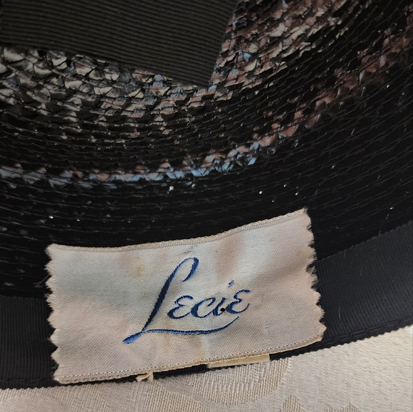 LECIE VINTAGE 50S BLACK STRAW PILLBOX HAT WITH PATENT LEATHER Knot OLD HOLLYWOOD main image 9